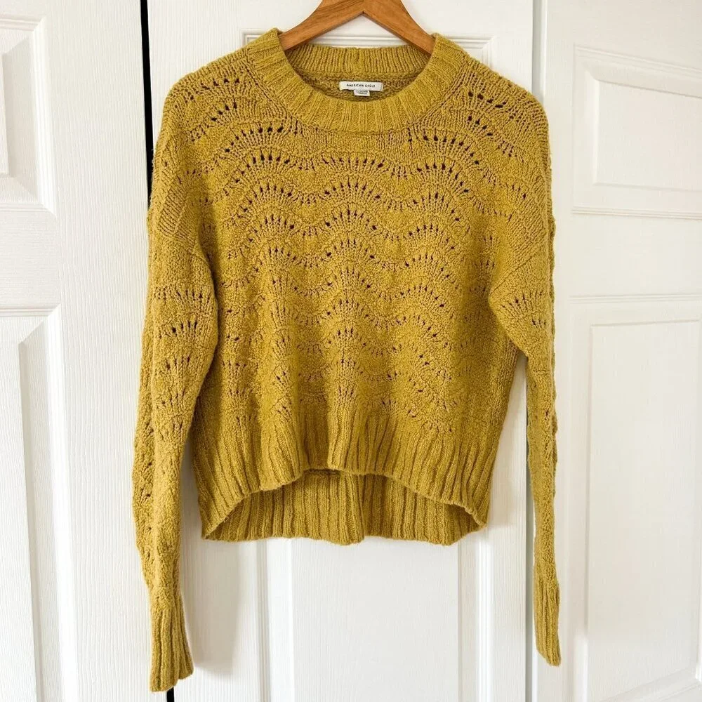 American Eagle Mustard Yellow Pointelle Knit Sweater Women’s Size XS